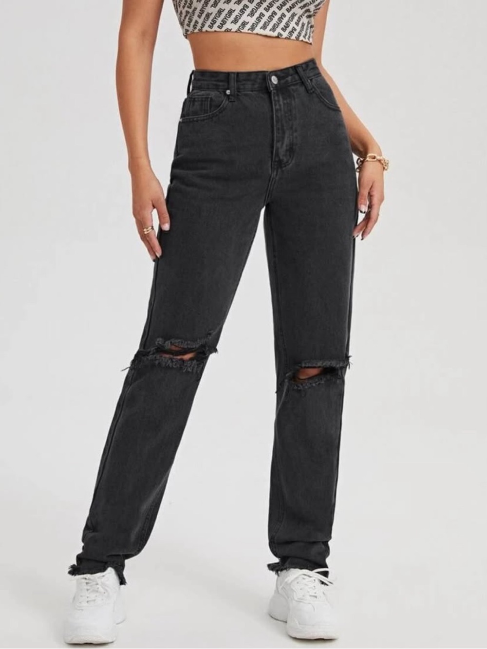 Women’s High-Waisted Black Distressed Straight-Leg Jeans Boyfriend Ripped Pants